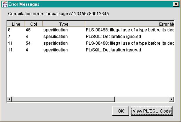 Using the MIP Templates Figure 6 26 Dialog Box for Error Messages Using the MIP Templates Click View PL/SQL Code to see the PL/SQL code location of the error.