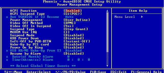 6 Power Management Setup The Power Management Setup Menu allows you to configure your system to utilize energy conservation and power up/power down features. Figure 6. Power Management Setup 6.