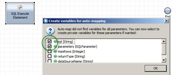 9. From the pop up Create Variables dialog box select sql (String) and parameters (SQLParameter) and click OK This creates local private variables in Get Projects called sql and parameters (check the