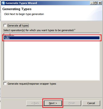 Select the Operations as hello (user) using the drop-down vi. Click Generate Types, which is next to Discover.