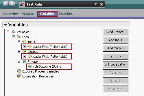 Go to the Variables tab Add an Input variable, patientvisit of type PatientVisit and check Has Default Add an Output