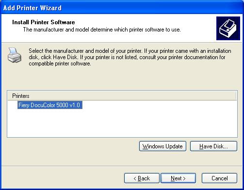 INSTALLING PRINTER DRIVERS 14 9 In the Printers box, select the Fiery EXP50 as your printer and click Next.