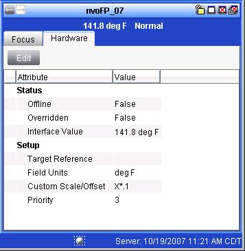 Figure 6: Hardware Tab Unreliable may appear if the point is out of range (high or low) or the Hardware and Display units are not valid (gallons per minute [GPM] to Deg F and other invalid unit