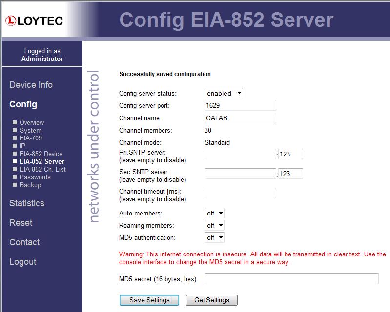 Figure 72: Config EIA-852 Server 12. Configure the settings shown in Figure 72. See Table 19 for the options to select. Some settings vary on a per-site basis and must be modified accordingly.