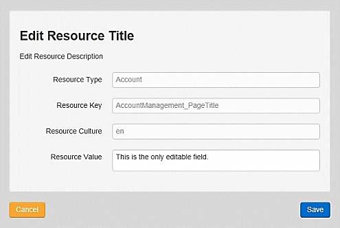 Enter your text in the Resource Value field. 5. Click the Save button to return to the Resource Configuration Title page to continue editing the resource descriptions.