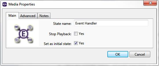 To use an Event Handler, click the Other tab under Media Library and drag the icon into the playlist area. 1. State Name: Enter a unique name for the Media Handler state. 2.