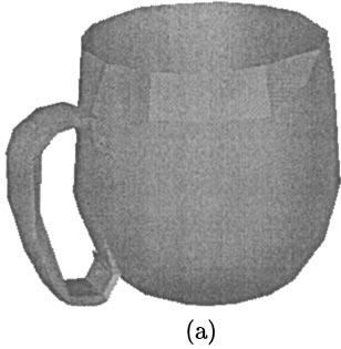 POSTPROCESSING OF COMPRESSED 3D GRAPHIC DATA 85 FIG. 5. The overshoot problem for the Mug model: (a) the simplified mesh, (b) subdivision with MBS, and (c) postprocessing by using the tension factor.