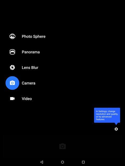 Touch Next and the camera screen appears with a list of options on the left.