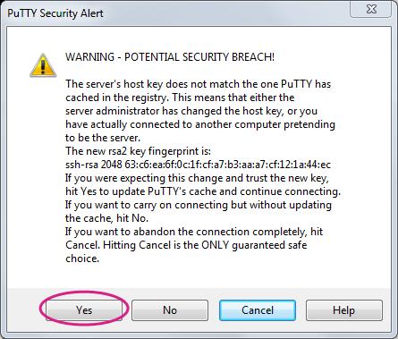 3) A Security Alert window will pop up as shown in Figure 20 below, this happens when you use PuTTY for the first time, or after upgrading firmware or boot loader, or use