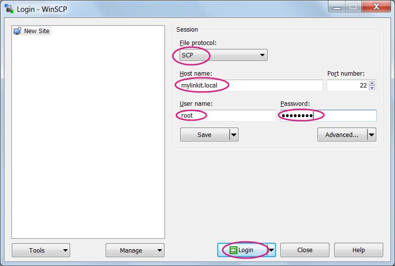 Figure 34 WinSCP login window c) Locate the file you want to transfer on the left pane (your