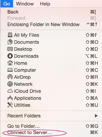 Finder and in the top menu click Go > Connect to server as shown in Figure 38.