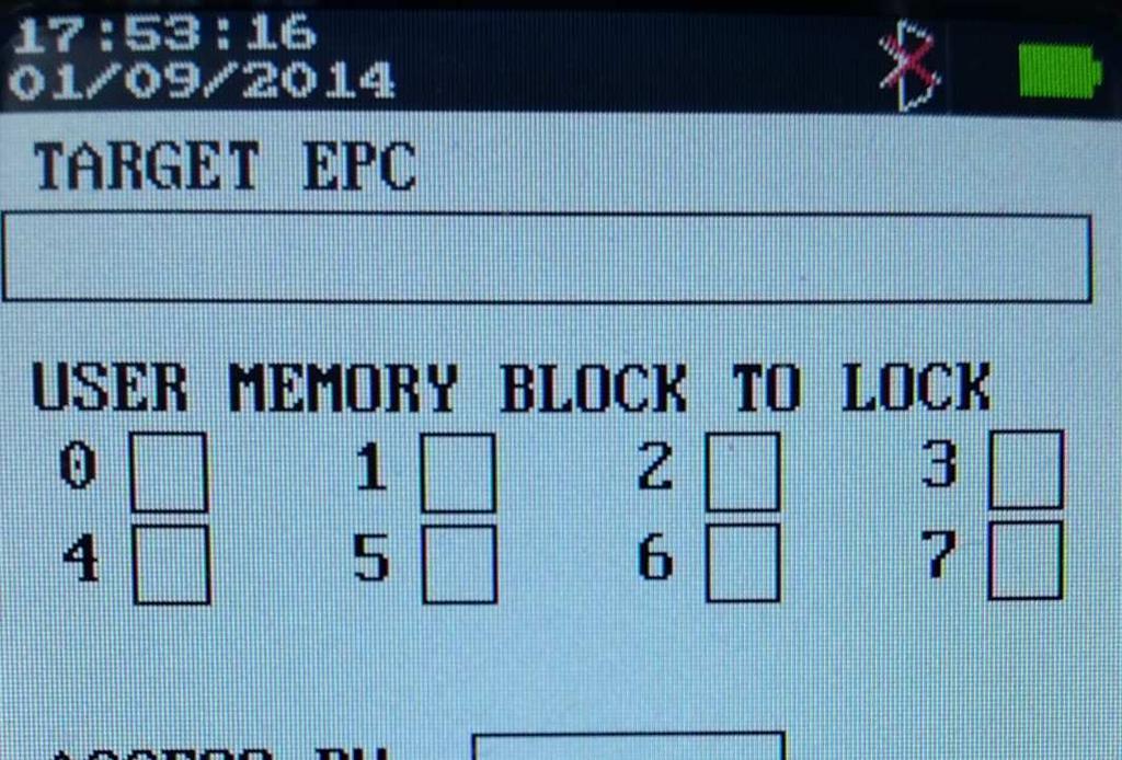 Block Read Lock Command Target EPC User can press the F1 button to read the EPC of the tag to be locked/killed.