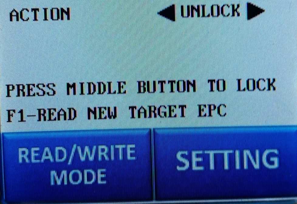 Alternatively, by selecting the Target EPC field with UP or DOWN button and use the F1 button to change the input method between integer and alphabet Memory Bank The designated memory bank to perform
