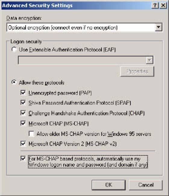 up connection authentication is secure and that your logon information is not sent in plain text. You view the Advanced Security Settings dialog box as shown in the exhibit.