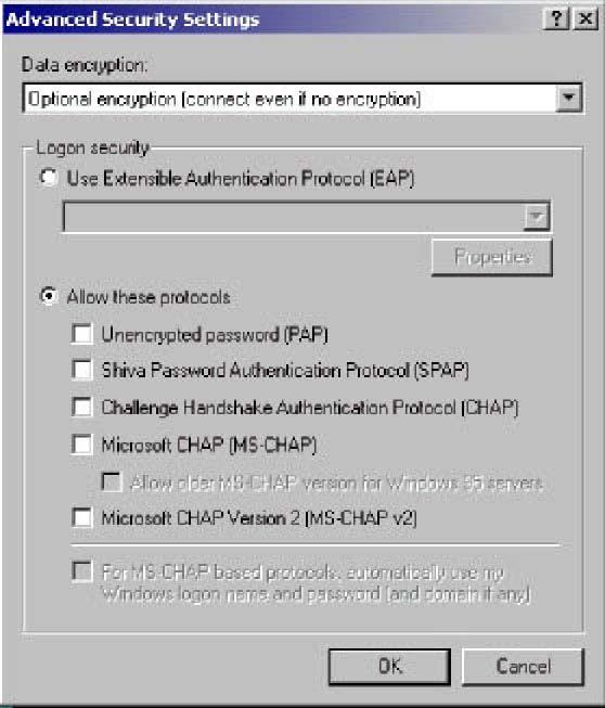 Which option or options should you enable in the Advanced Security Settings dialog box? (Choose all that apply) A. Use Extensible authentication protocol (EAP) B. Unencrypted Password (PAP) C.