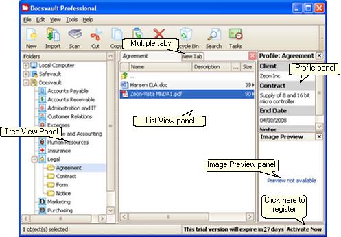 Docsvault Explorer The look and functionality of Docsvault is very similar to Windows Explorer. It presents a hierarchical structure of cabinets, folders, and files.