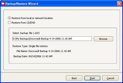 Restore Documents 1. From the menu click on File >> Backup/Restore to display the 'Backup/Restore' Wizard. Select the 'Restore Documents Repository' radio button and click the next page.