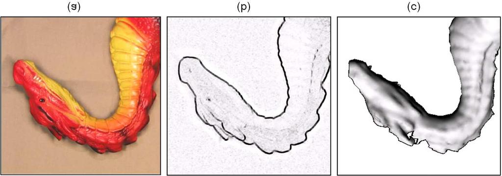 SUBMITTED TO IEEE TRANS ON PAMI, 2006 28 Fig. 16. (a) Original Photo. (b) Our depth edge confidence map. (c) Depth map from active illumination 3Q scanner. Note the jagged edges.