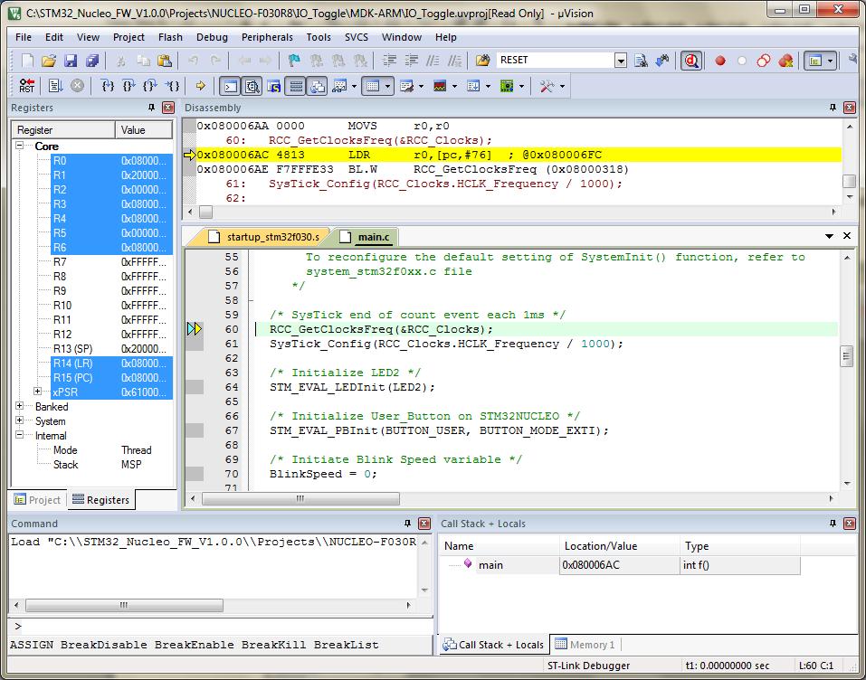 Firmware package UM1727 Figure 12. MDK-ARM debugger screen To run your application from the Debug menu, select Run.