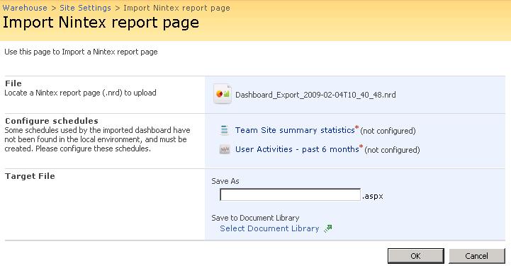 These will be the schedules used by the Nintex Reporting web parts on the imported page. Click on each schedule to configure.