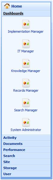 Similar to the menu displayed on the home page, all reports and dashboards are displayed and arranged by category. Clicking on a report category allows you to toggle it between expanded and collapsed.