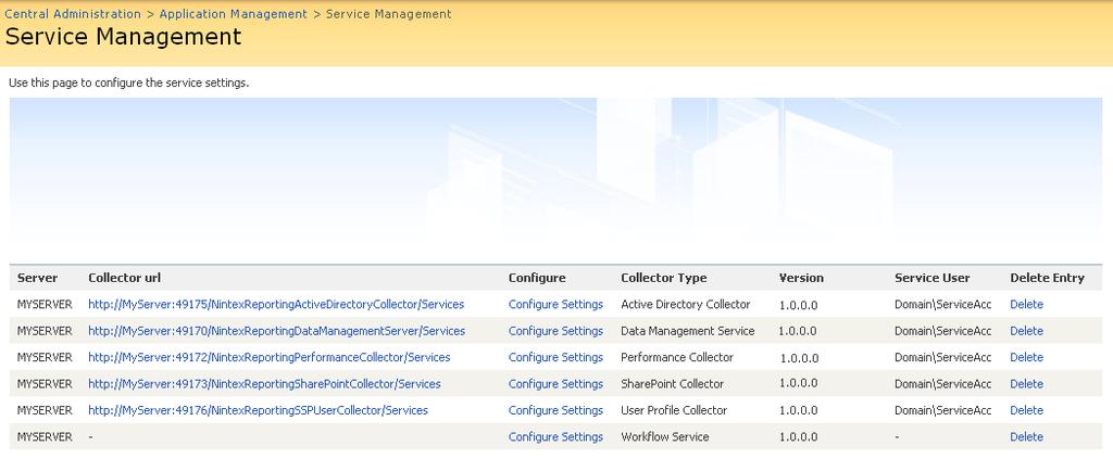 2 Using Nintex Reporting 2008 Central Administration 2.1 Service Management The Service Management page allows you to configure Nintex Reporting collectors.