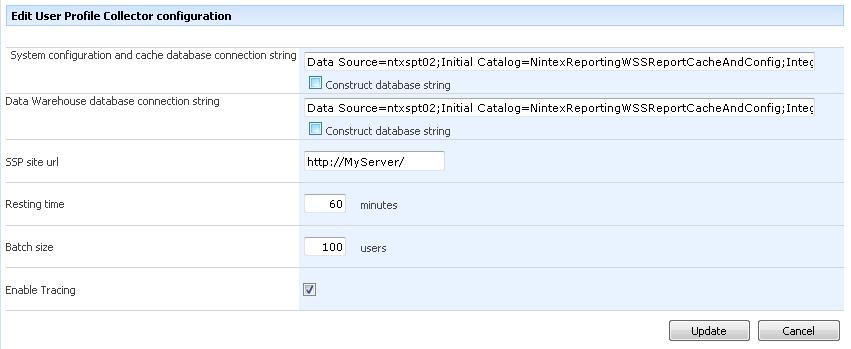 In the User Profile Collector configuration dialog you will be able to specify database connection strings, SSP site url, resting time in minutes, batch size and tracing.