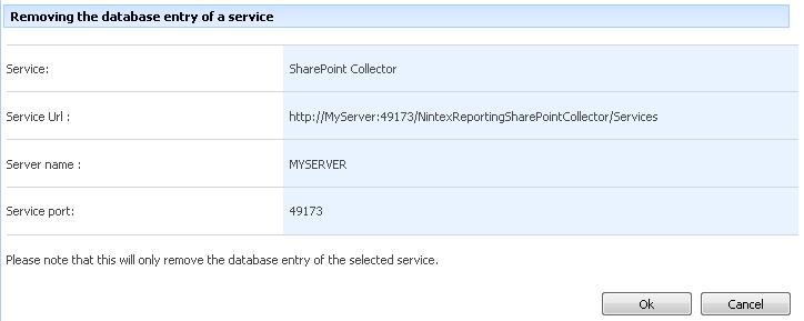 Deleting the database entry of a Service You will be able to delete just the database entry of a service by clicking on the delete link of a corresponding service.