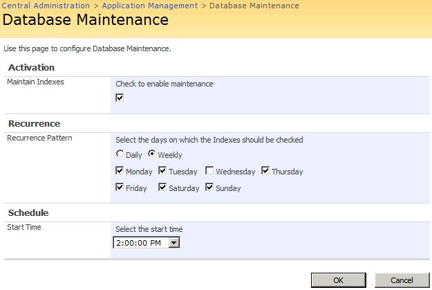 2.4 Database Maintenance The Database Maintenance page provides the ability to schedule index maintenance on all tables in both the Nintex Reporting System Configuration and Cache Database and the