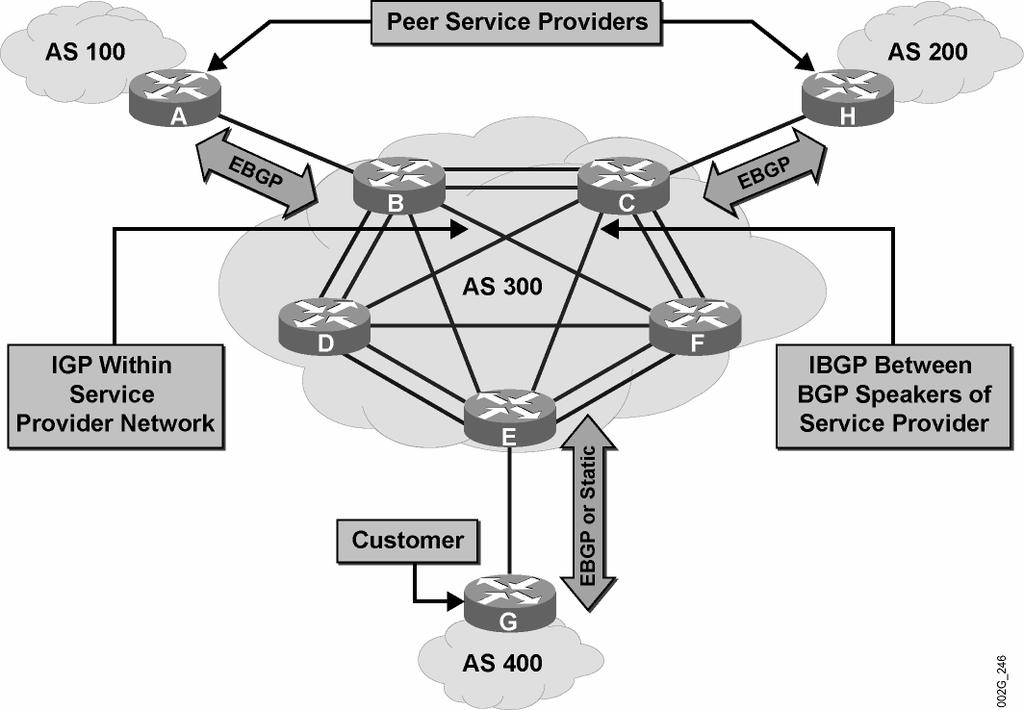 Common Service Provider Network (Cont.) 2005 Cisco Systems, Inc. All rights reserved. BGP v3.2 6-4 The typical service provider network consists of a network core that connects various edge devices.