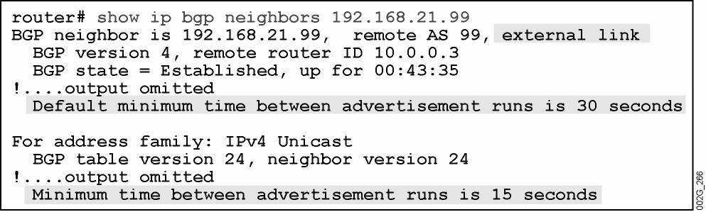 Monitoring the BGP Advertisement Interval Defined per BGP neighbor and address family Manually configured minimum value stated under address family output of show ip bgp neighbors command 2005 Cisco