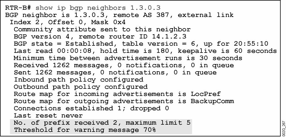 Example: Monitoring the BGP In this example, the neighbor with IP address 1.3.0.3 has been configured with a prefix limit of five prefixes. Monitoring the BGP Maximum-Prefix Function (Cont.