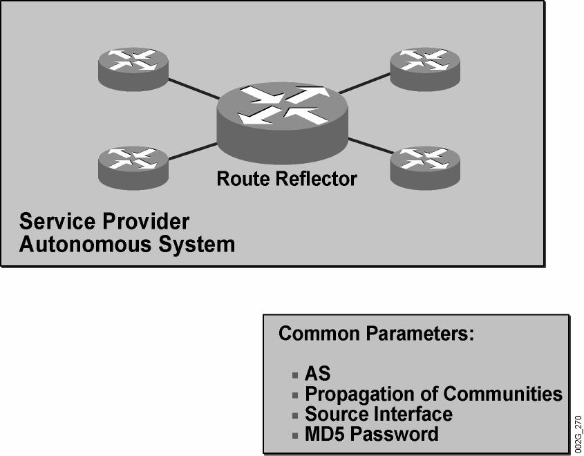 Example: Peer Group Requirements BGP Route Reflector This example illustrates the BGP route reflector. Peer Group Requirements Example: BGP Route Reflector 2005 Cisco Systems, Inc.