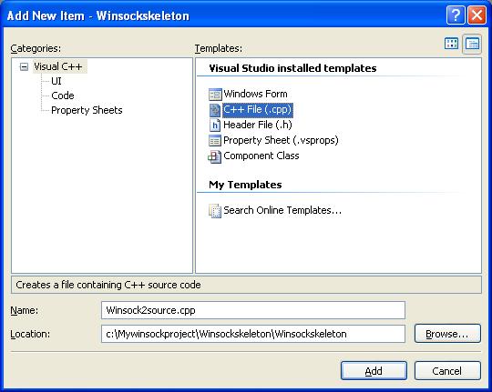 Select C++ File (.cpp) for the Templates:. Put the source file name and click Add. Although the extension is.