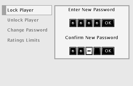When the player is locked, nobody can access the Lock menu without entering the password. Unlocked: No password required to play discs.