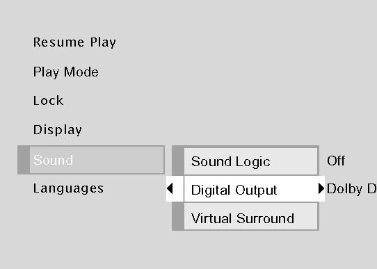 15909460 5/17/02 12:37 PM Page 44 Chapter 4: DVD Menu System The Sound Menu The Sound menu lets you adjust the player s settings to match the equipment that you connected to your DVD Player, and to