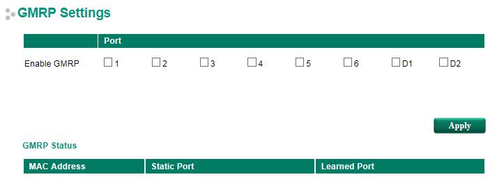 Enable GMRP Select/Deselect Checkmark the check boxes to enable GMRP for the port listed None in the Port column.