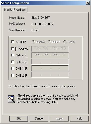 EDS Configurator GUI 3. The Setup Configuration window will be displayed, with a special note attached at the bottom. Parameters that have been changed will be indicated with a checkmark.