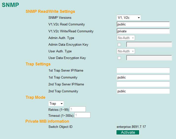 Configuring SNMP The Moxa switch supports SNMP V1, V2c, and V3.