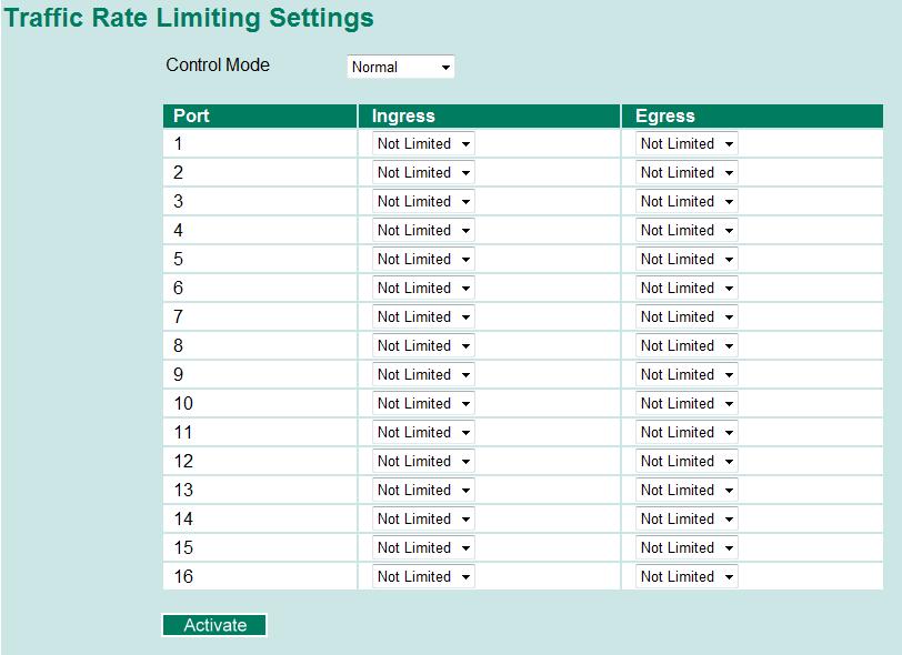 Traffic Rate Limiting Settings Ingress and Egress Rate Limit - Normal Ingress rate Select the ingress/egress rate limit (% of max.