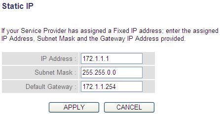 2-5-3 Setup procedure for Static IP : 1 2 3 4 Here are descriptions of every setup item: IP address(1): Subnet Mask (2): Service Provider Gateway Address (3): Input the IP address assigned by your