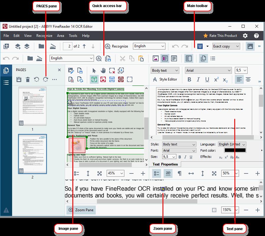 OCR Editor interface The OCR Editor window displays your current OCR project For more information on working with OCR projects, see OCR projects 116 The Pages pane shows the pages contained in the