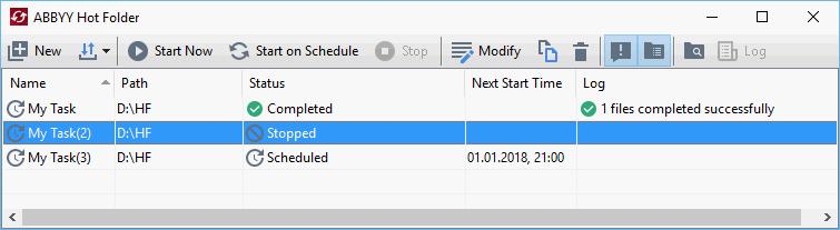 Use the toolbar buttons at the top of the window to set up, copy, and delete tasks, to initiate processing, and to view reports The set-up tasks are displayed in the ABBYY Hot Folder main window For