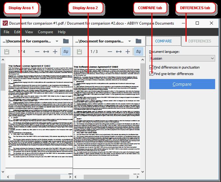 The main window When you launch 179 ABBYY Compare Documents, its main window opens Display Area 1 shows the first document Display Area 2 shows the second document Tip You can change the way the
