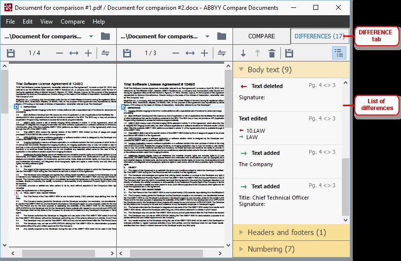 Viewing comparison results The differences that the program has detected are highlighted in the two texts and are also listed separately in the pane on the right ABBYY Compare Documents can find the