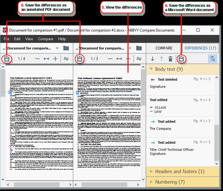 3 Click the Compare button to compare the documents 4 Review the differences detected by ABBYY Compare Documents The differences between the two versions will be highlighted in each version and