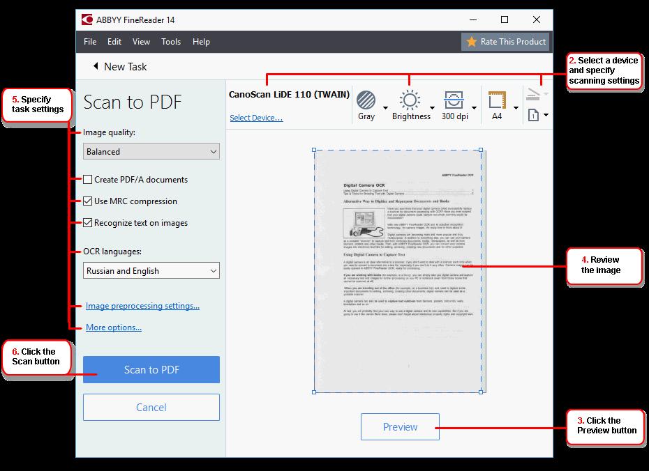Scan to Other Formats creates documents in popular formats, such as *odt, *pptx, *epub, and *html, from images obtained from a scanner or digital camera 2 Select a device and specify scanning