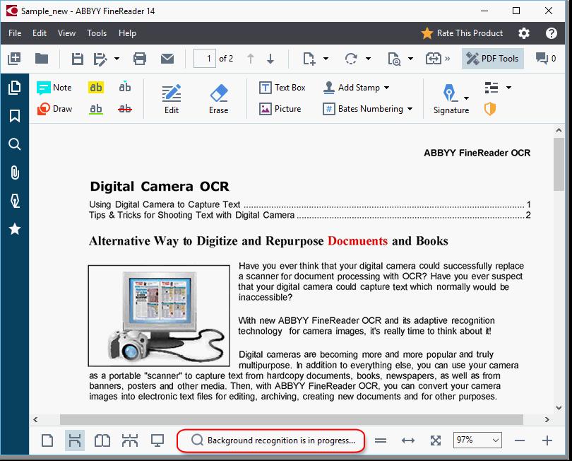 Background recognition The PDF Editor allows you to search and copy text and pictures in PDF documents without a text layer, such as scanned documents and documents created from image files This is