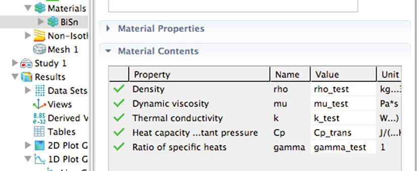 the default name to identify which material was being modeled in each instance. The volume force settings for Laminar Flow were defined using the parameters Sr and Sz.
