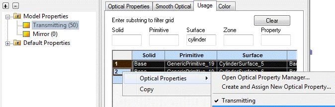Optical Property Manager - 3 Usage tab shows all zones using a given property Use sub selection to reassign Example: Change all